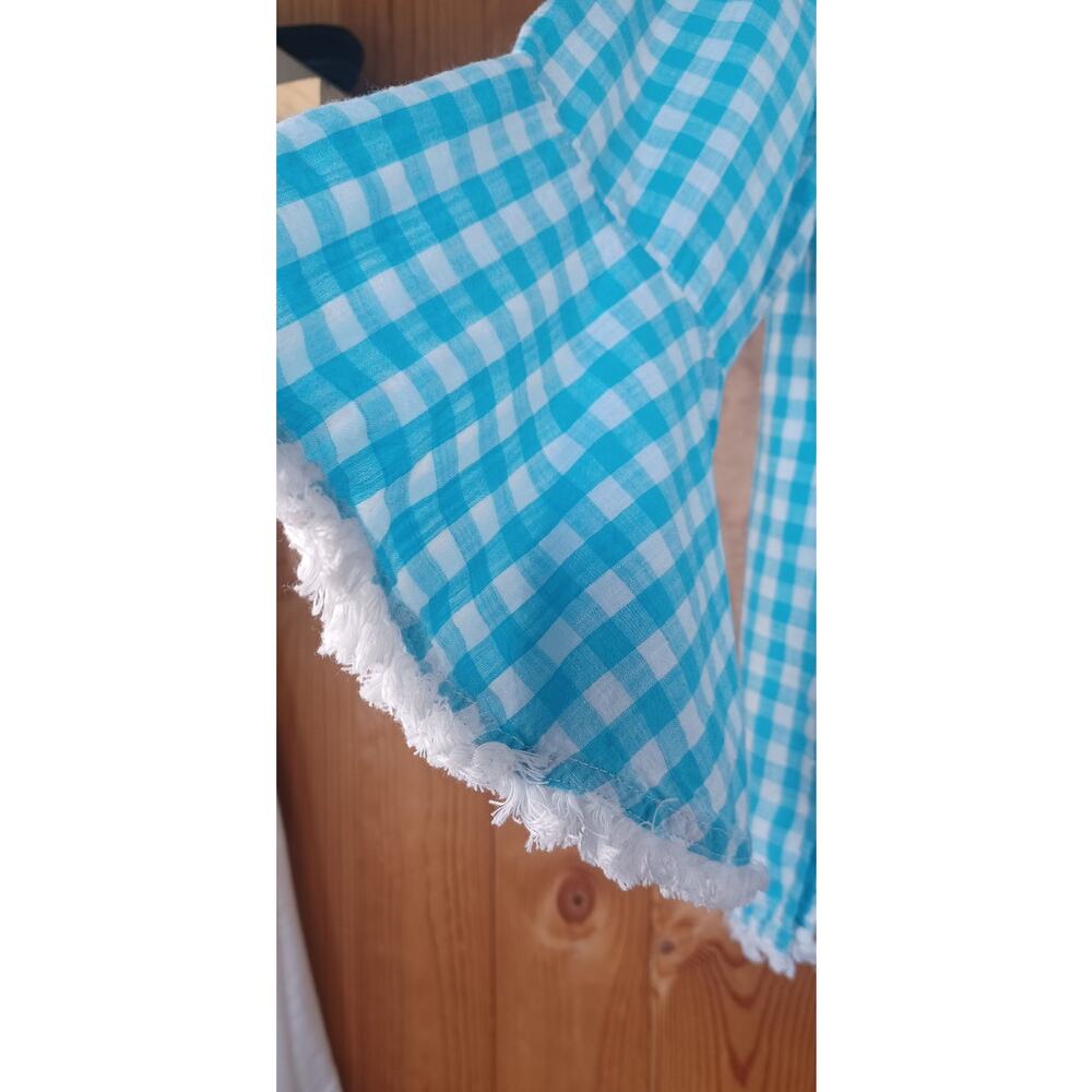 Life Style Petite Large Teal Gingham V-Neck Tunic Top with Fringe Hem Summer - Picture 5 of 7